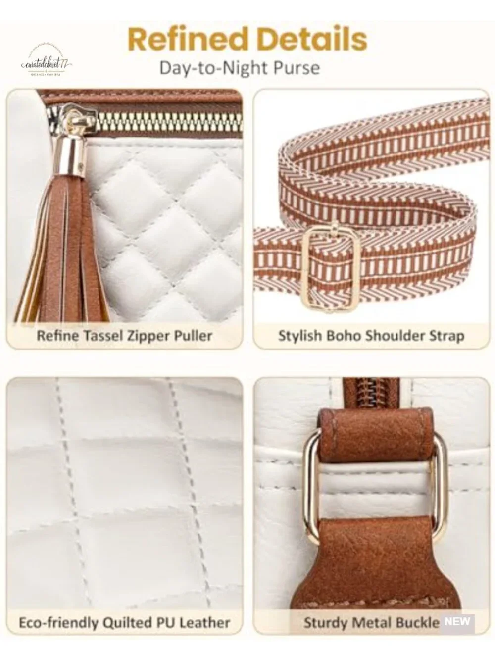 Quilted Vegan Leather Crossbody Bag with Adjustable Strap, Travel Purse